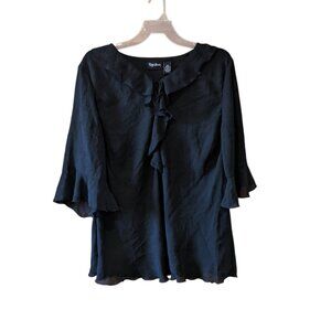 Maggie Barnes Womens 2X/22-24W Black Ruffle Front Sheer 3/4 Sleeve Blouse Career